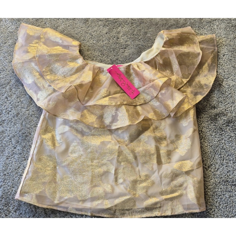 Lilly Pulitzer NWT Trixie one shoulder Gold Organza Brocade Blouse Womens Small